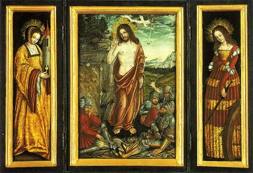 Small winged altar with the Resurrection of Christ, St. Barbara (Left Wing) and St. Catharine (right Wing) - Lucas Cranach the Elder