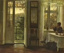 The Artist's Wife Sitting at a Window in a Sunlit Room - Carl Holsøe