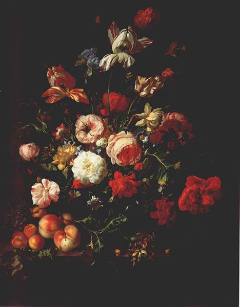 Flowers in a Glass Vase, with Fruit on a Marble Slab, 1707 - Rachel Ruysch