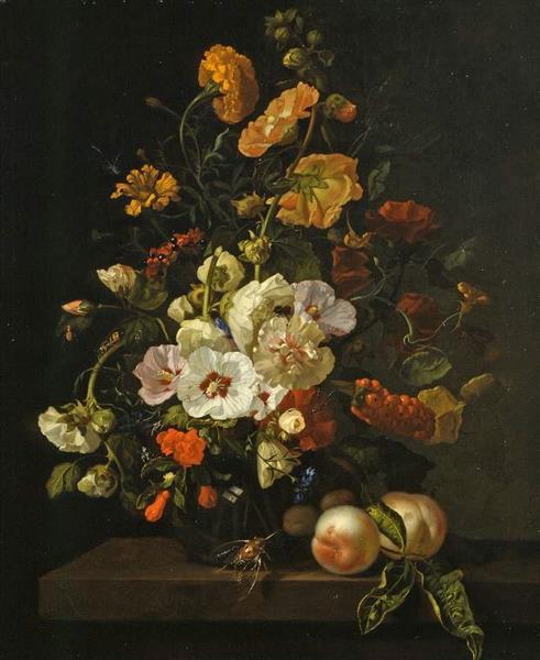 Flowers in a Glass Vase, with Insects and Peaches, on a Marble Tabletop, 1701 - Rachel Ruysch