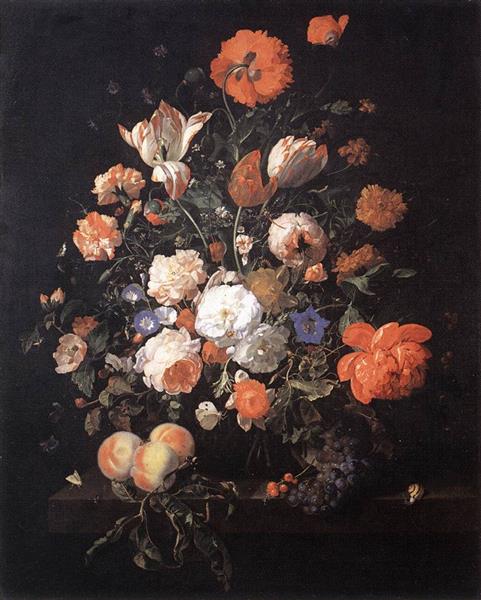 Flowers in a Glass Vase, with Peaches and Red Berries, on a Marble Slab, 1706 - Rachel Ruysch