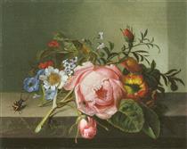 Spray of Flowers, with a Beetle on a Stone Balustrade - Rachel Ruysch