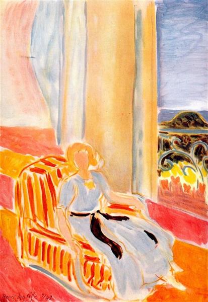 Дівчина в білому халаті сидить біля вікна, 1942 - Анрі Матісс