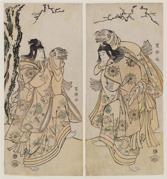 Ichikawa Yaozō III (R) and Nakayama Tomisaburō I (L) as Two Kamuro Performing a Lion Dance, 1795 - Tōshūsai Sharaku
