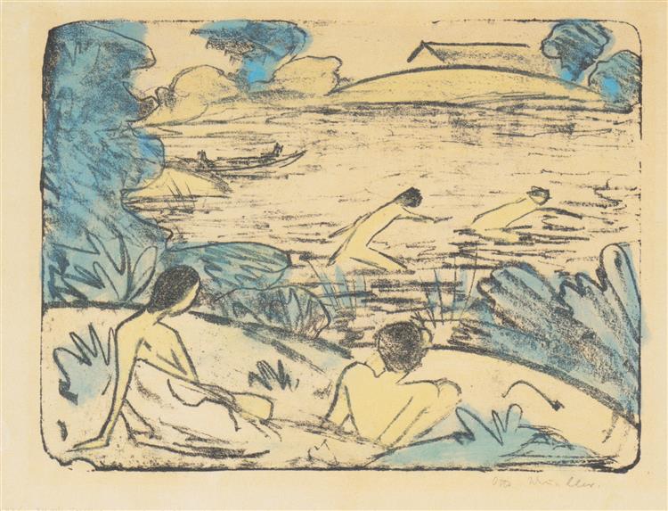 Badeszene Mit Vier Figuren, Haus Und Boot (nach Rechts), 1914 - Otto Mueller