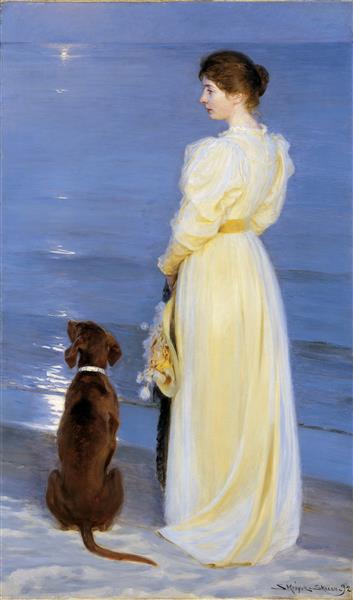 Летний вечер в Скагене. Жена художника и собака на берегу, 1892 - Педер Северин Крёйер