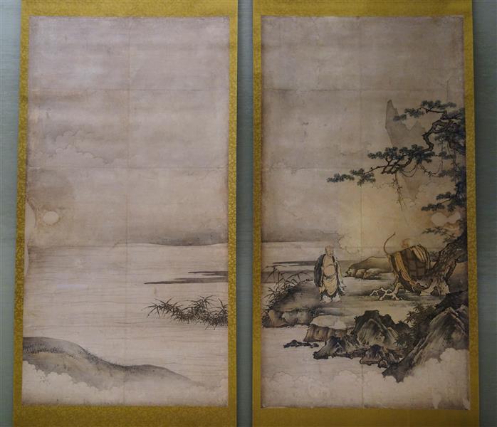 Painting on Zen Enlightenment (Sanping baring his chest and Shigong stretching his bow) - 狩野元信