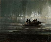 Northern Lights over Four Men in a Boat - Педер Балке