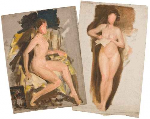 FEMALE NUDE SITTING IN A HIGH-BACK ARMCHAIR AND FEMALE NUDE HOLDING A BOOK, 1920 - 1937 - Paja Jovanović