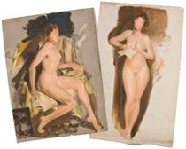 FEMALE NUDE SITTING IN A HIGH-BACK ARMCHAIR AND FEMALE NUDE HOLDING A BOOK - Paja Jovanovic