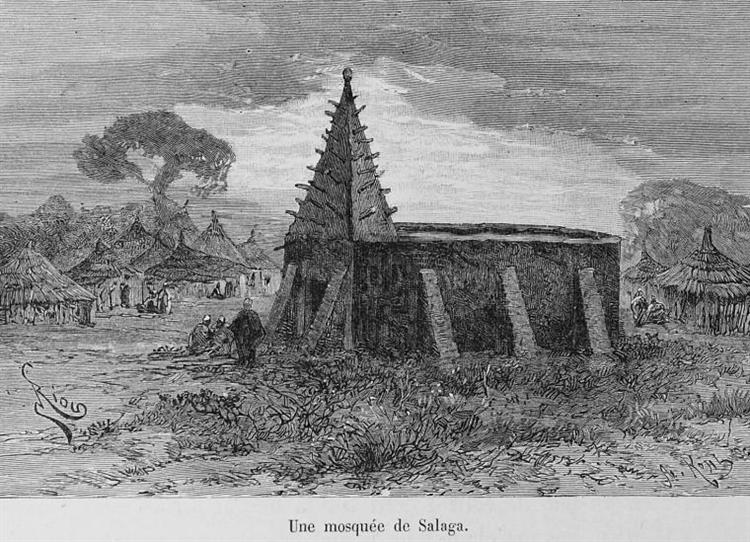 Mosque in Salaga in Ghana, of Traditional Baked-mud Sudano-sahelian Architecture. by Édouard Riou in 1892., 1892 - Edouard Riou