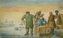 Two Old Men Beside a Sled Bearing the Coats of Arms of Amsterdam and Utrecht - Хендрик Аверкамп
