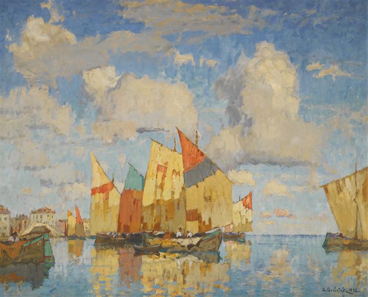 Boats in a harbour, c.1928 - Konstantin Ivanovich Gorbatov