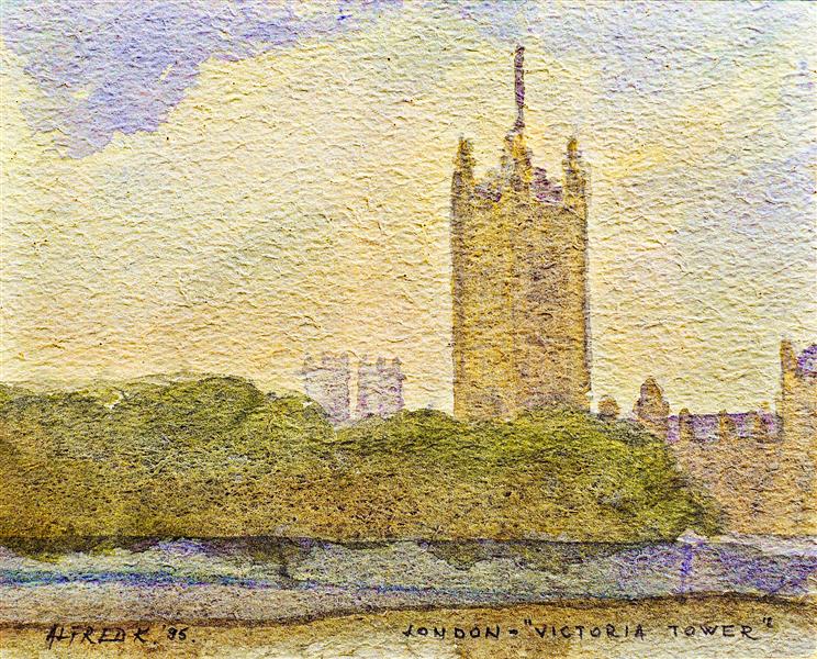 The Victoria Tower and the Thames river in autumn 1995 (or my first painting on the British soil), 1995 - Alfred Freddy Krupa