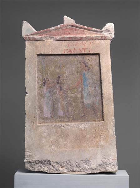 Painted Limestone Funerary Slab with a Soldier and Two Girls, c.275 BC - Ancient Greek Painting and Sculpture
