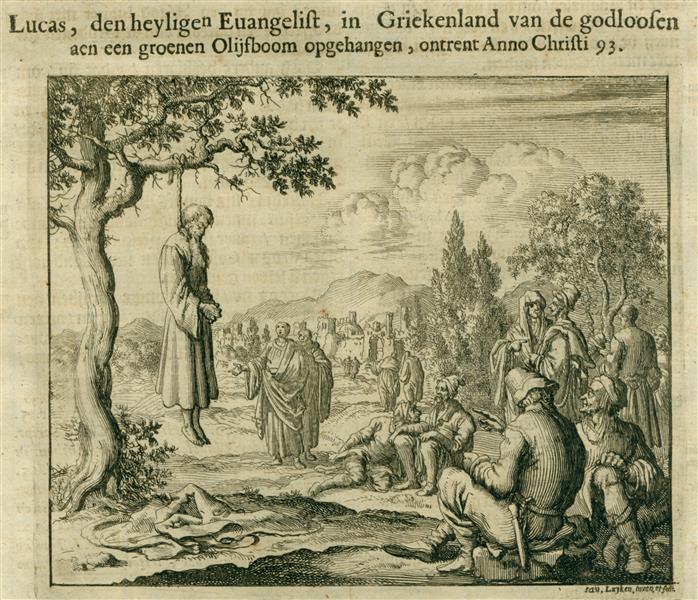 Hanging of Evangelist Luke, Greece, AD 93, 1684 - Jan Luyken