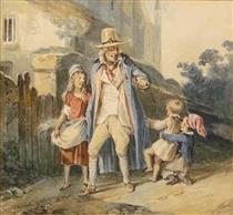 Vieillard en Promenade accompagné de trois Enfants - Charlet