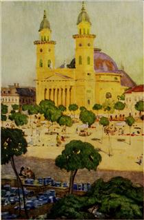 The cathedral and square, Szatmar - Marianne Stokes