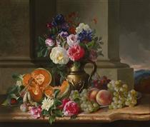 Rich Still Life with Flowers and Fruit - Adalbert Schaffer