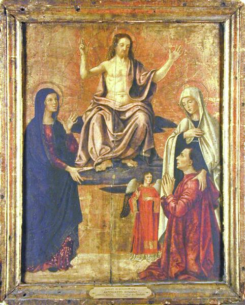 Christ Enthroned, the Virgin, St Francesca Romana, an Angel and Donor, 1470 - Антоніаццо Романо