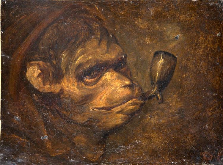 Monkey head smoking a pipe, c.1845 - Alexandre-Gabriel Decamps