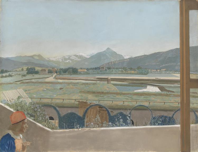 View of the Mont Blanc massif from the artist's studio in Geneva, with self-portrait, c.1765 - c.1770 - Jean-Étienne Liotard