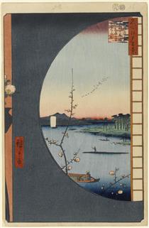 36. View From Massaki of Suijin Shrine, Uchigawa Inlet, and Sekiya - Утагава Хиросигэ