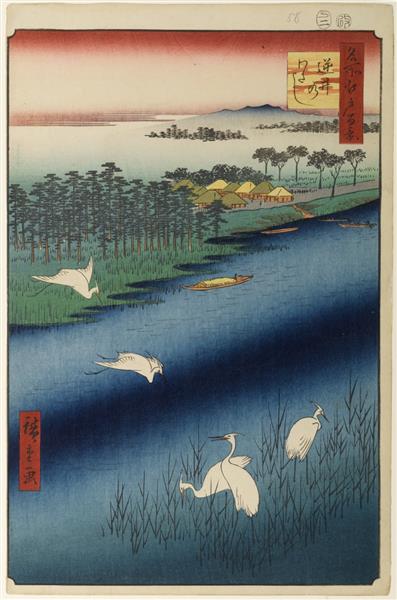 67 (58) The Ferry at Sakasai, 1857 - Utagawa Hiroshige