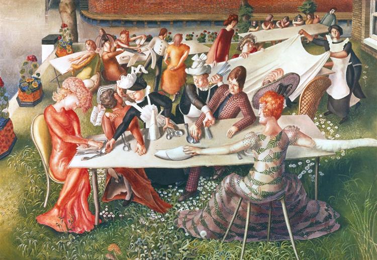 Christ Preaching at Cookham Regatta: Dinner on the Hotel Lawn, 1957 - Stanley Spencer