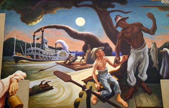 A Social History of the State of Missouri (detail) - Steamboat Sam Clemens with Huck Finn and Jim on Raft, 1936 - Thomas Hart Benton