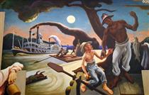 A Social History of the State of Missouri (detail) - Steamboat Sam Clemens with Huck Finn and Jim on Raft - Thomas Hart Benton