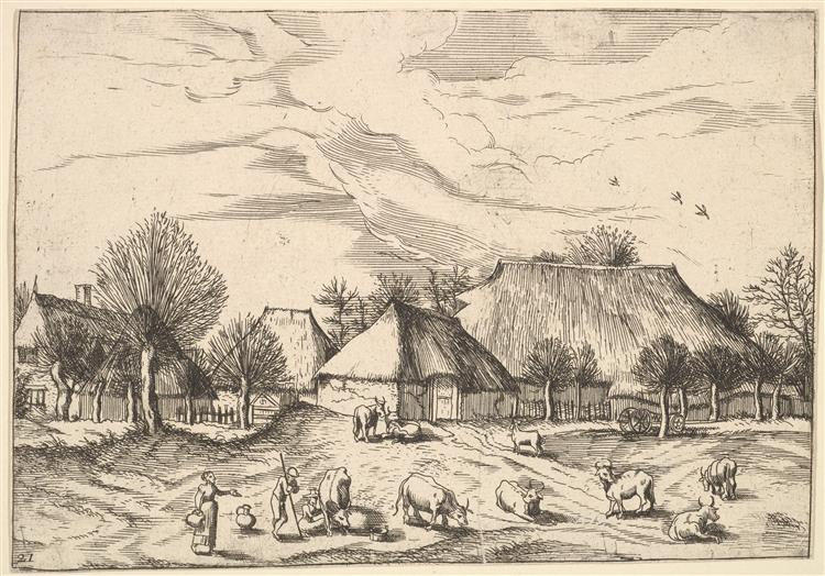 Farms, Cattle with Herdsmen and Milkmaids in the Foreground from Multifariarum Casularum Ruriumque Lineamenta Curiose Ad Vivum Expressa, 1559 - 1561 - Meister der kleinen Landschaften