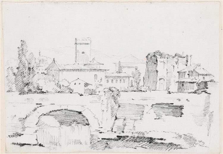An Italian Town with a Stone Bridge and a Waterfall, c.1750 - Жозеф-Мари Вьен