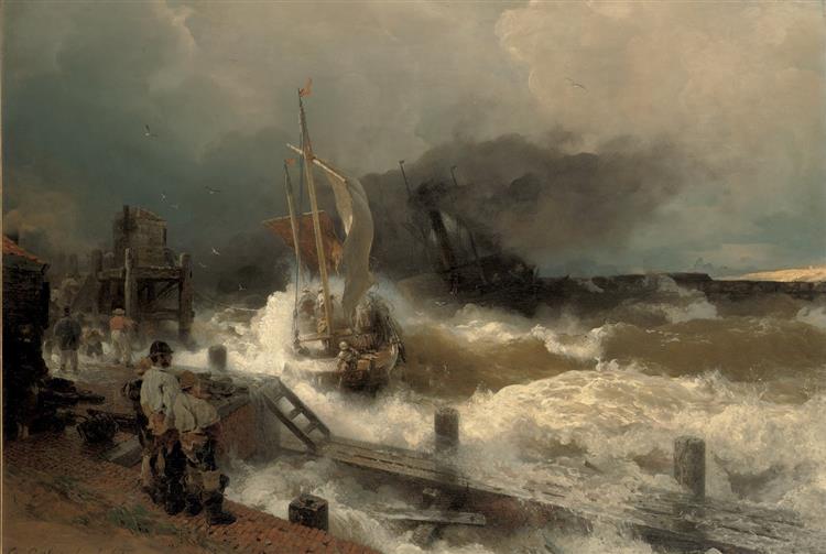 A Fishing Boat and a Steamer in Rough Seas, 1869 - Андреас Ахенбах