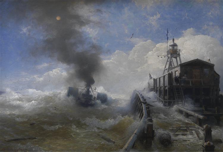 Towboat leaving the port of Ostend at heyday, c.1882 - Андреас Ахенбах