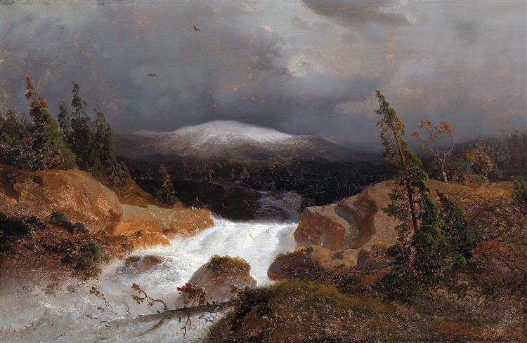Mill in the forest on a falling mountain waterNorwegian mountain landscape with a mountain stream, 1843 - Andreas Achenbach