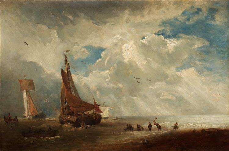 Storm and rain in a Dutch harbor - Andreas Achenbach