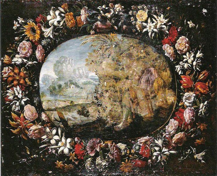 Landschaft in Girlande Mit Vögeln,  Signiert, 1628 - Хуан Ван дер Амен