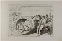 The Obrero inside the barrel rolled by the mob (Plate ??/52) - Bartolomeo Pinelli