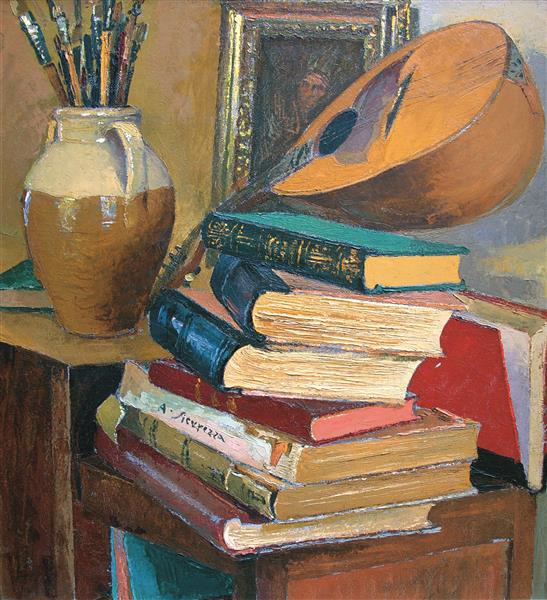 Still life with books and mandolin, 1957 - Antonio Sicurezza