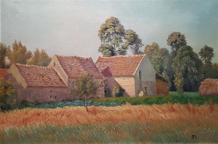 Ferme et champs de blé à Gouvernes, 1910 - Léo Gausson