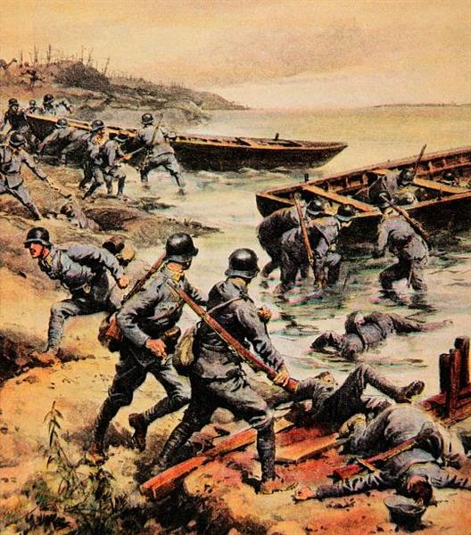 Austro-Hungarian troops trying to cross a river, 1918 - Achille Beltrame