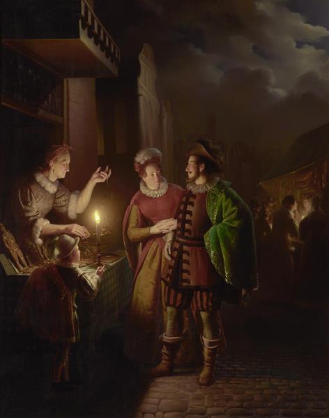 A gingerbread seller by candlelight - Petrus van Schendel