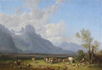 Cattle herders on the lakeside - Heinrich Bürkel