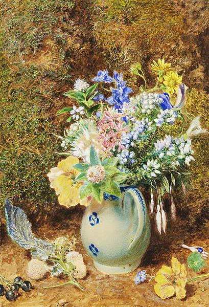 Pale blue china jug with heaths and small flowers, c.1860 - William Henry Hunt