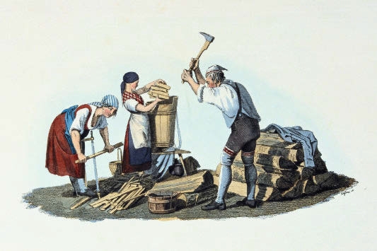 Male wood cutter and female wood cutter (or Wood splitter),  after a drawing by Johann Josef Schindler, 1826 - Johann Nepomuk Passini