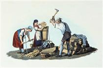 Male wood cutter and female wood cutter (or Wood splitter),  after a drawing by Johann Josef Schindler - Johann Nepomuk Passini