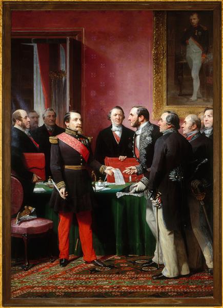 Napoleon III handing over to Baron Haussmann the decree to annex the neighboring communes on February 16, 1859, 1865 - Adolphe Yvon