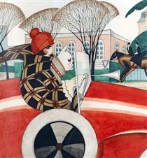 Girl and Pug in An Automobile (sketch for Front Page Illustration in Vore Damer) - Gerda Wegener