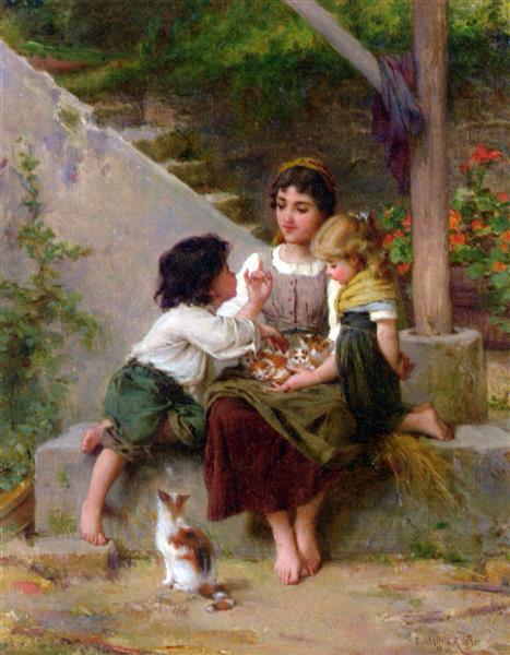 Playing with the kittens, 1895 - Émile Munier
